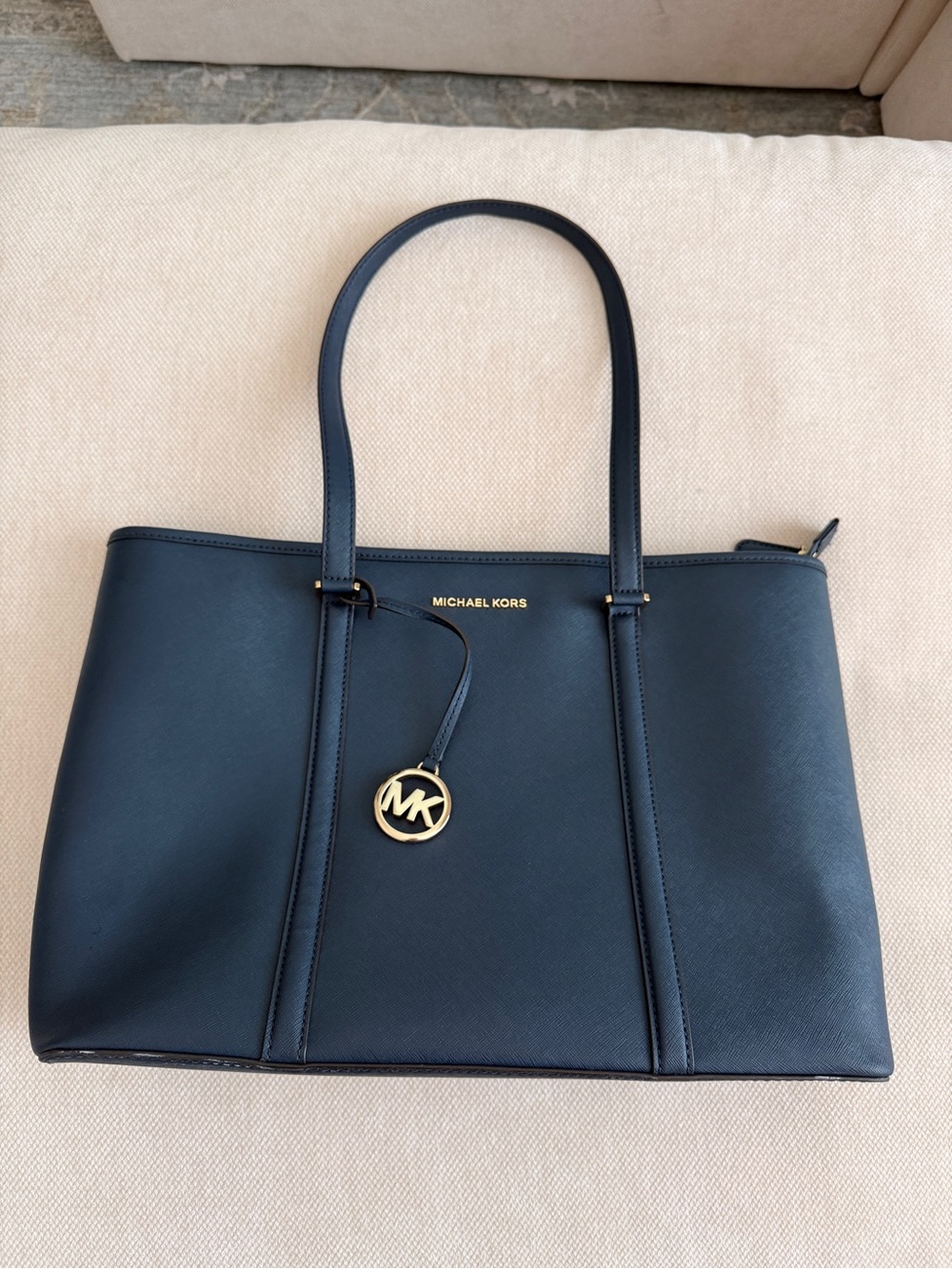 Michael Kors Navy Saffiano Tote with Gold MK Charm